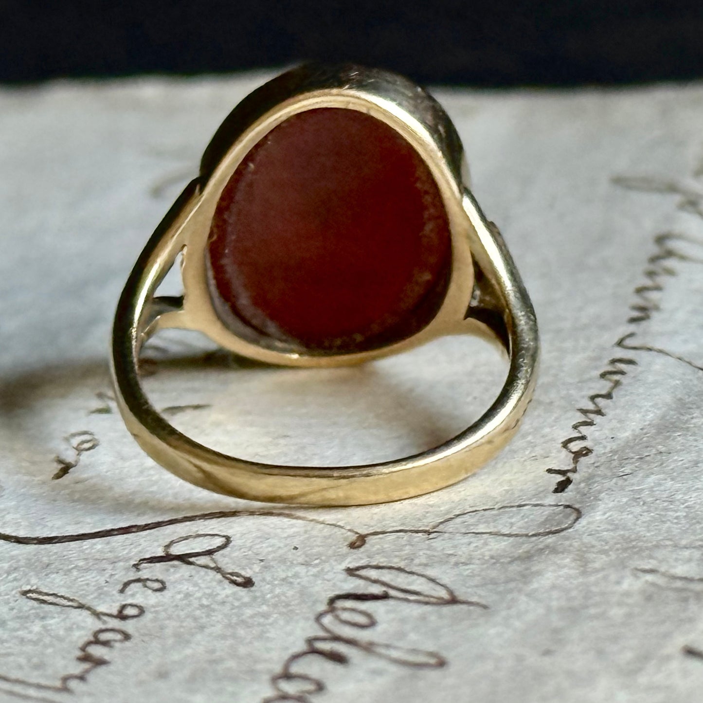 Tiny Sardonyx Hand Intaglio Ring in 9 Carat Gold; Circa 1980