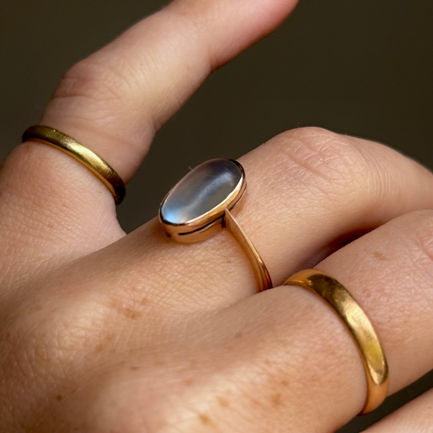 Edwardian Moonstone ring in 9 Carat Rose Gold; Circa 1880
