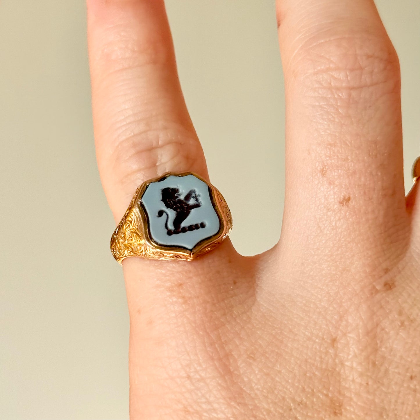 Antique Lion Sardonyx Signet Ring in 9 Carat Rose Gold; Circa 1900