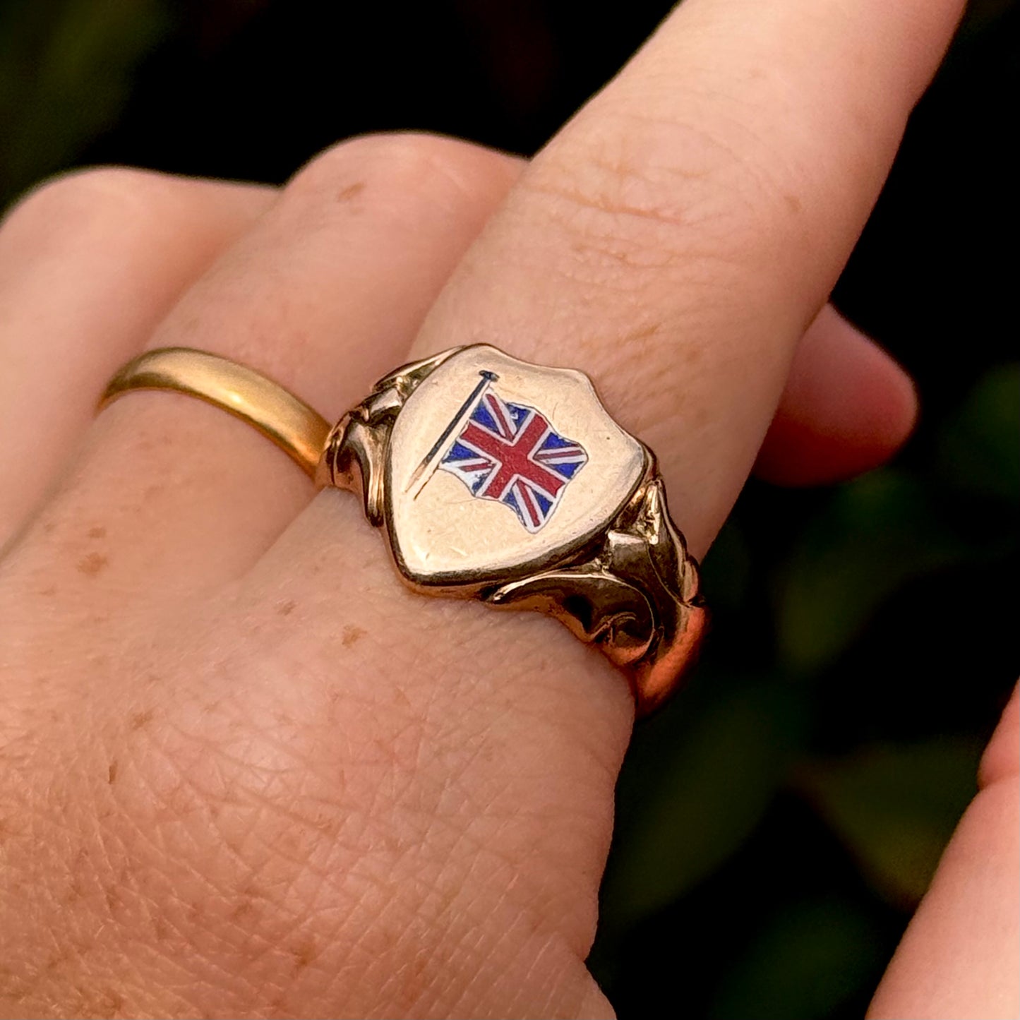 Antique First World War Enamel Signet Ring in 9 Carat Rose Gold; Circa 1914