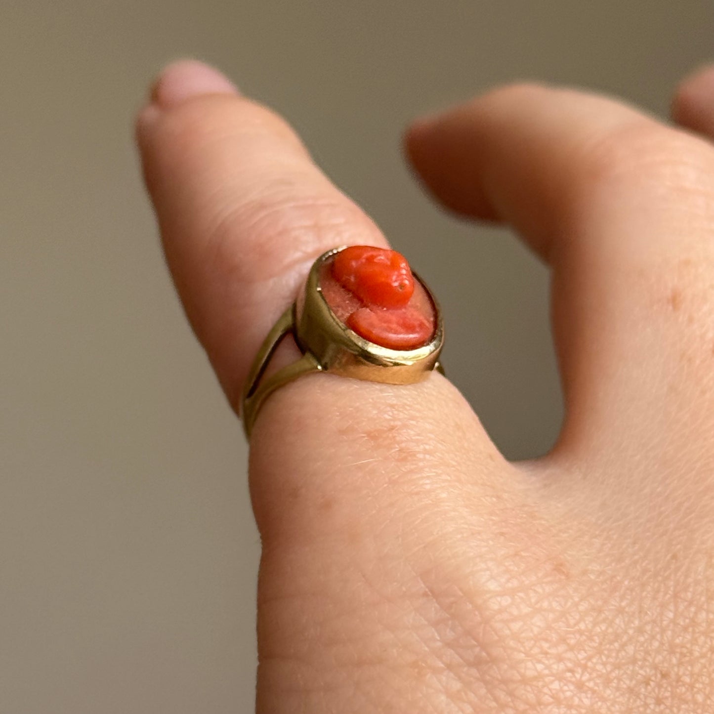 Early Victorian Coral Cameo Ring in 9 Carat Gold; Circa 1830