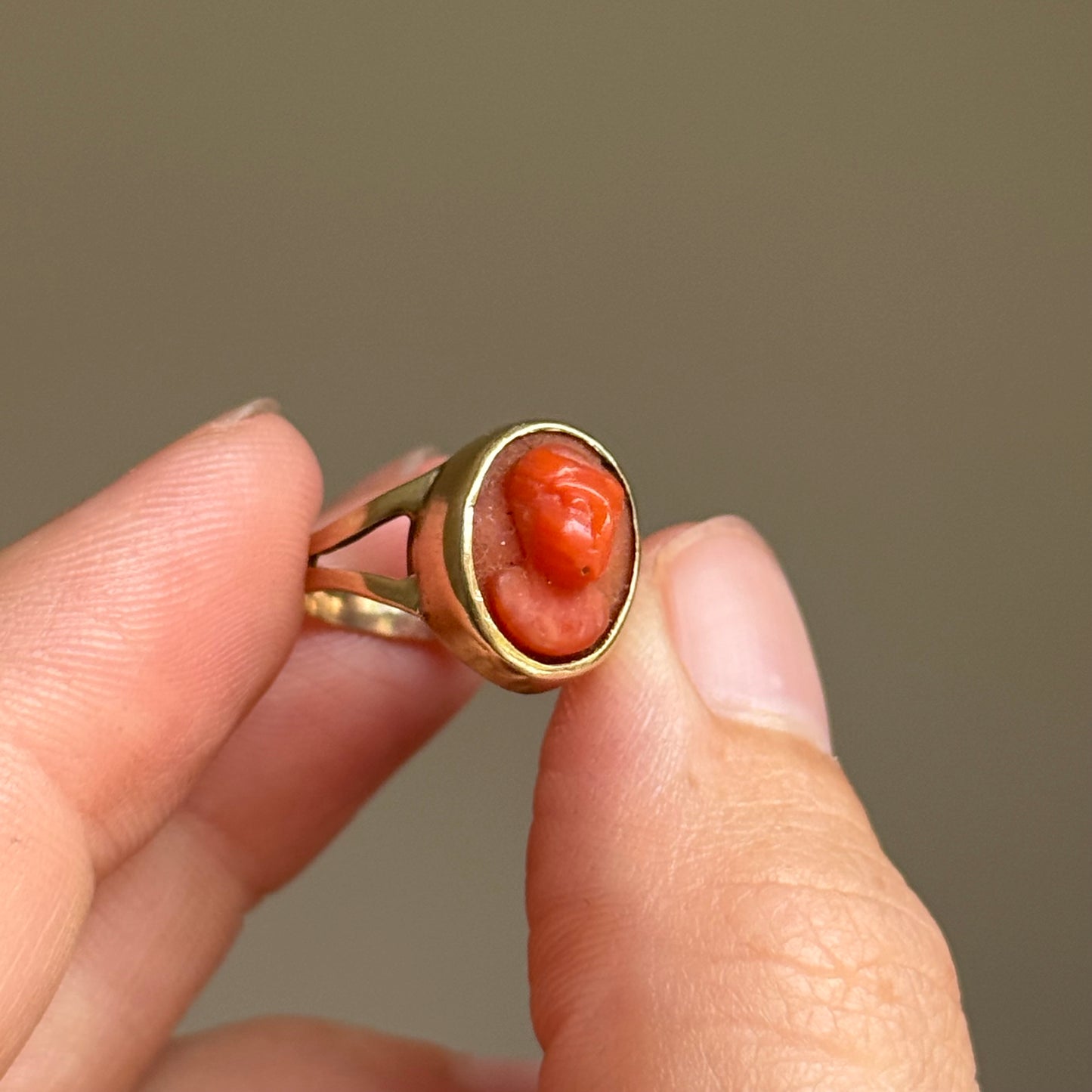 Early Victorian Coral Cameo Ring in 9 Carat Gold; Circa 1830