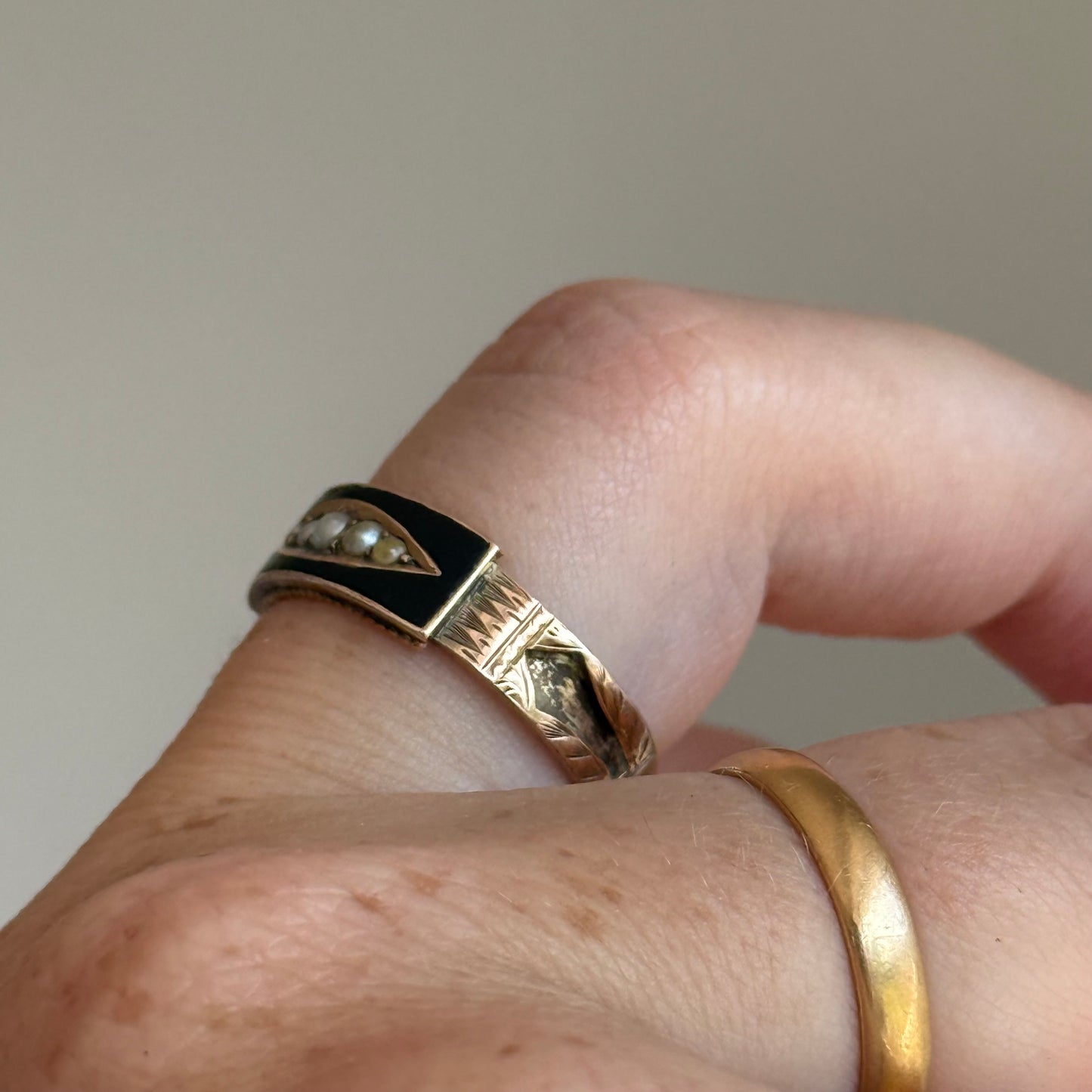 Antique Enamel & Pearl Mourning Ring in 9 Carat Gold; Circa 1906