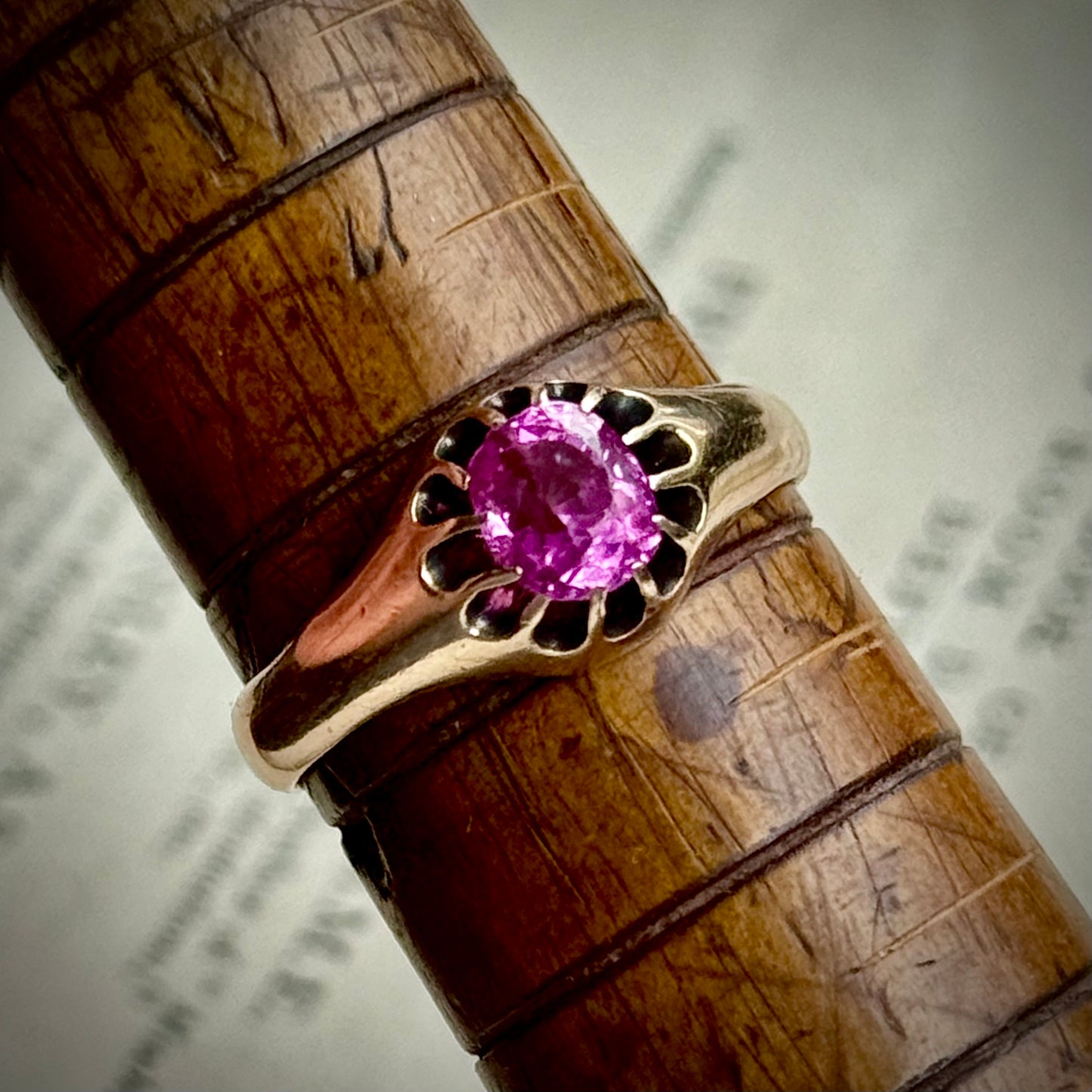 Large Old Cut Pink Sapphire Ring in 9 Carat Rose Gold; Circa 1890