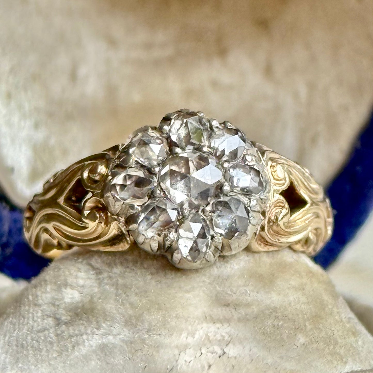 Victorian Rose Cut Diamond Cluster Ring in 15 Carat Gold, Circa 1860