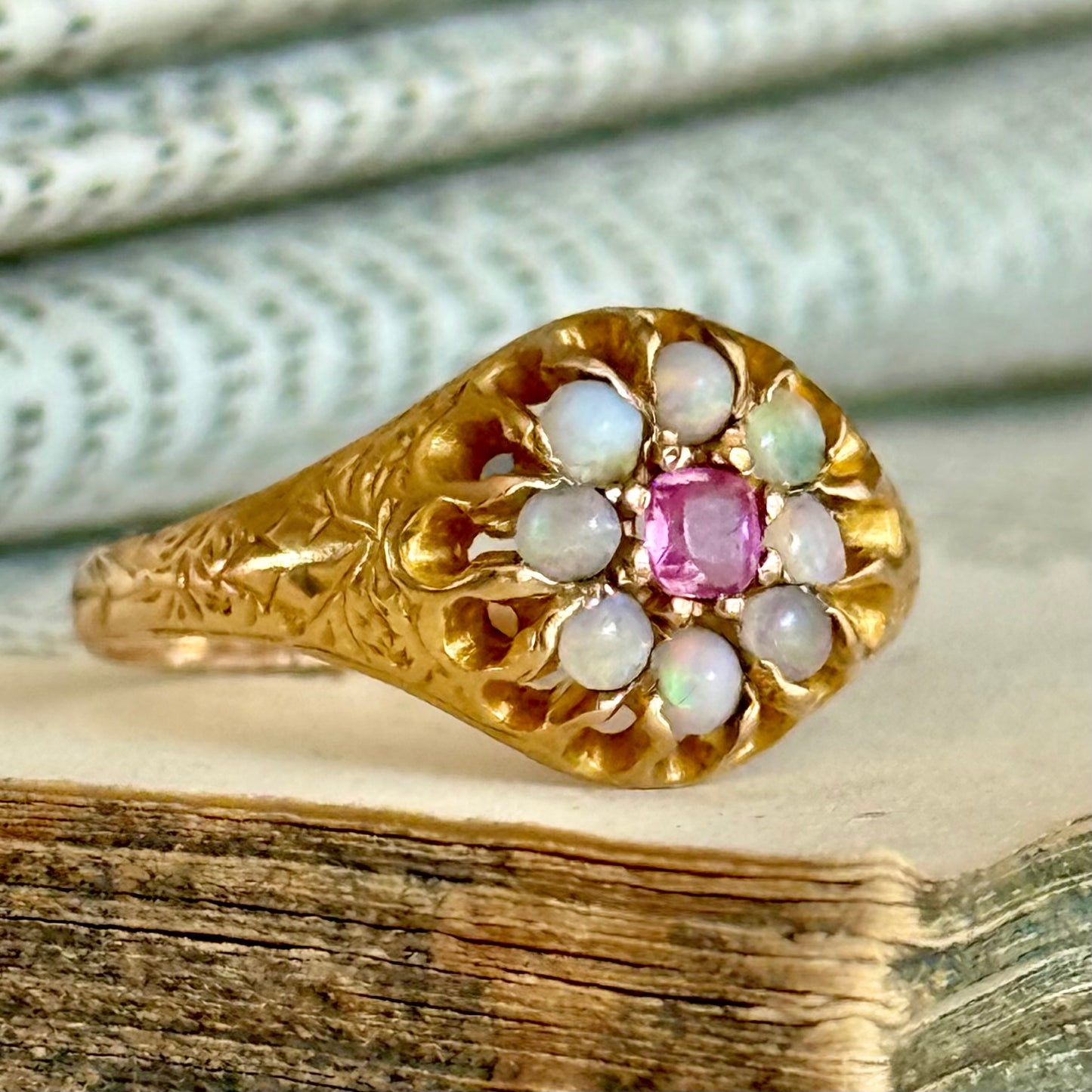 Antique Ruby & Opal Cluster Ring in 15 Carat Gold; Circa 1880