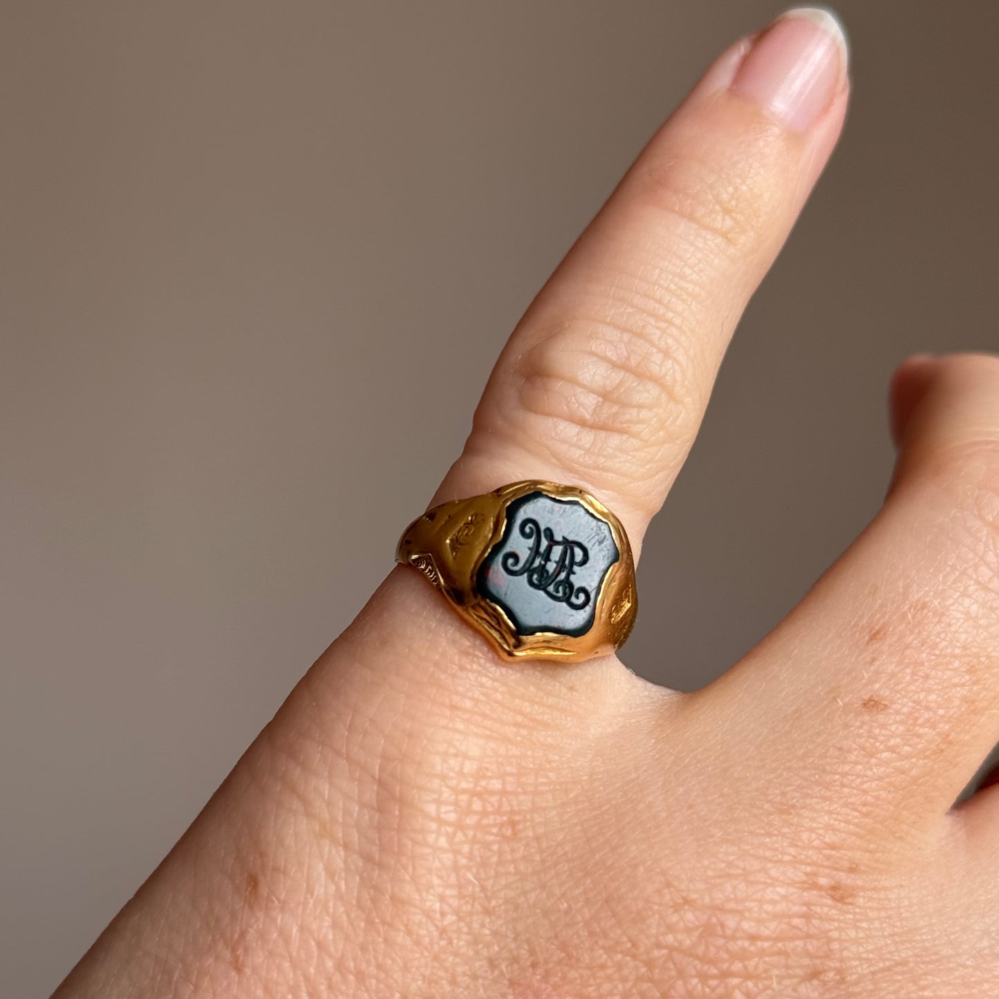 Victorian Bloodstone Intaglio Signet Ring in 18 Carat Gold; Circa 1880