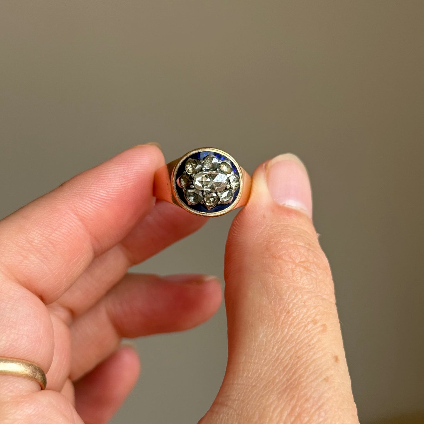 Georgian Rose Cut Diamond & Enamel Cluster Ring, Circa 1830