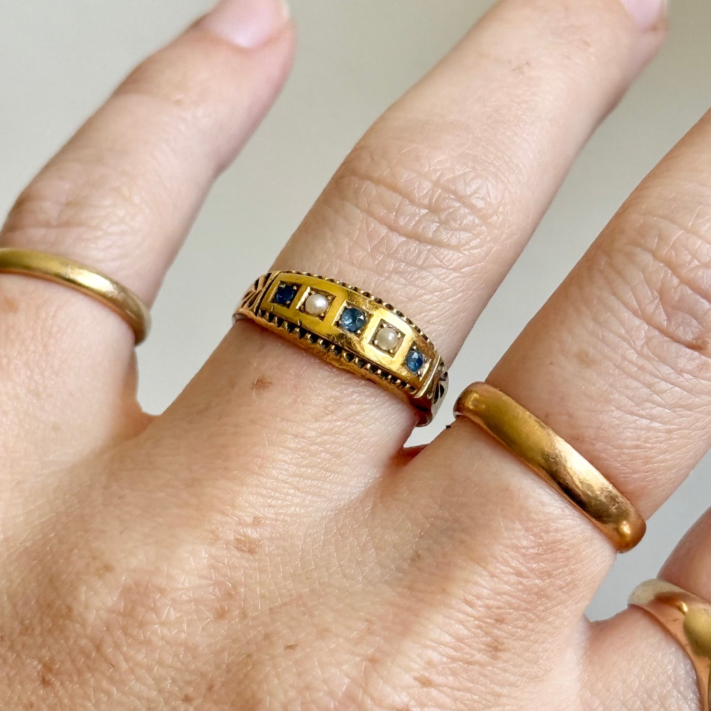 Antique Sapphire & Pearl Ring in 9 Carat Gold; Circa 1900