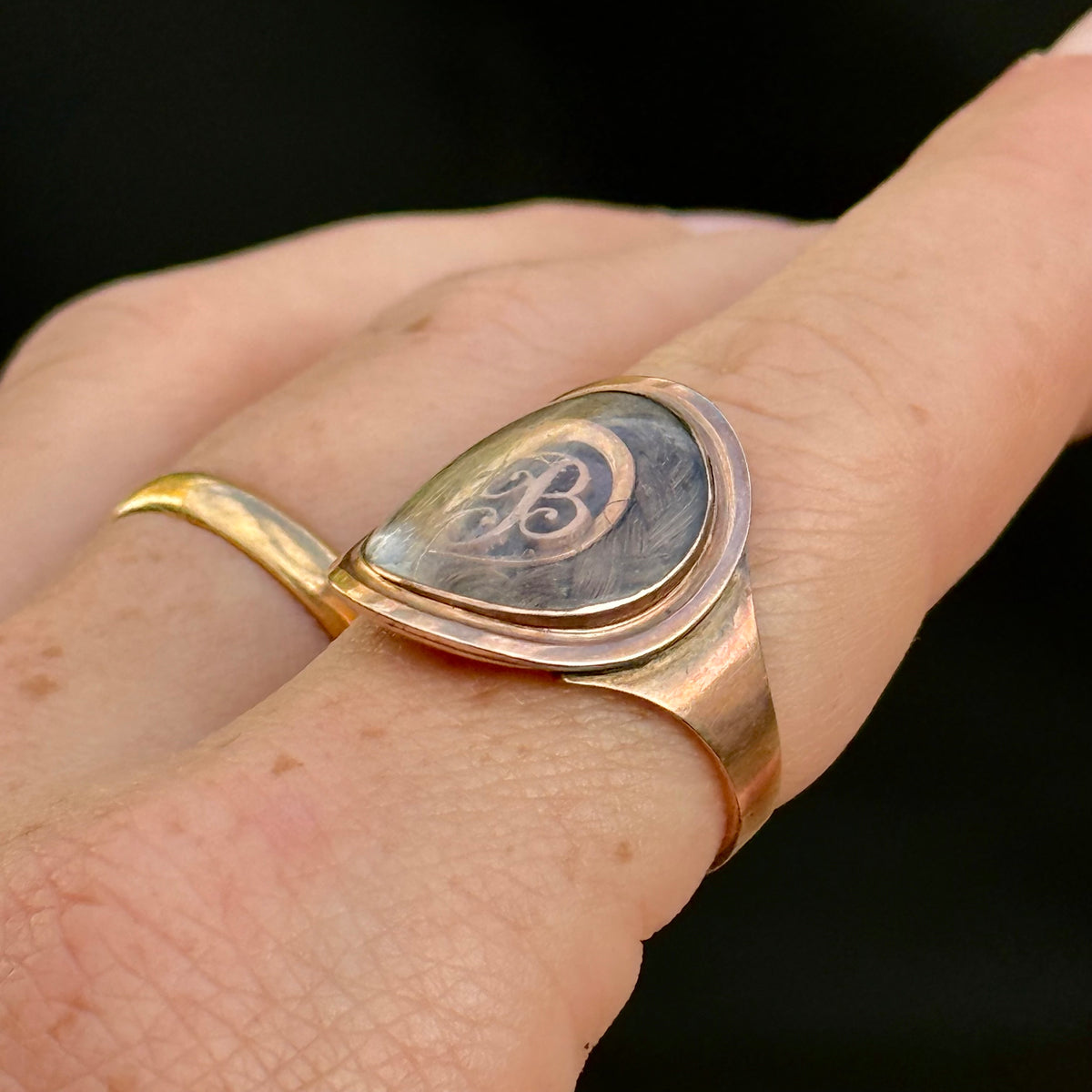 Antique Georgian Mourning Ring in 9 Carat Rose Gold; circa 1795