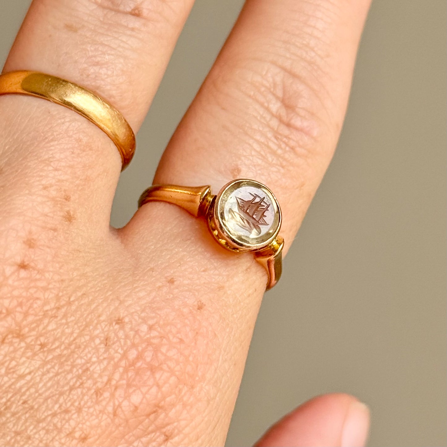 Edwardian Citrine Ship Intaglio Ring in 18 Carat Gold; Circa 1907
