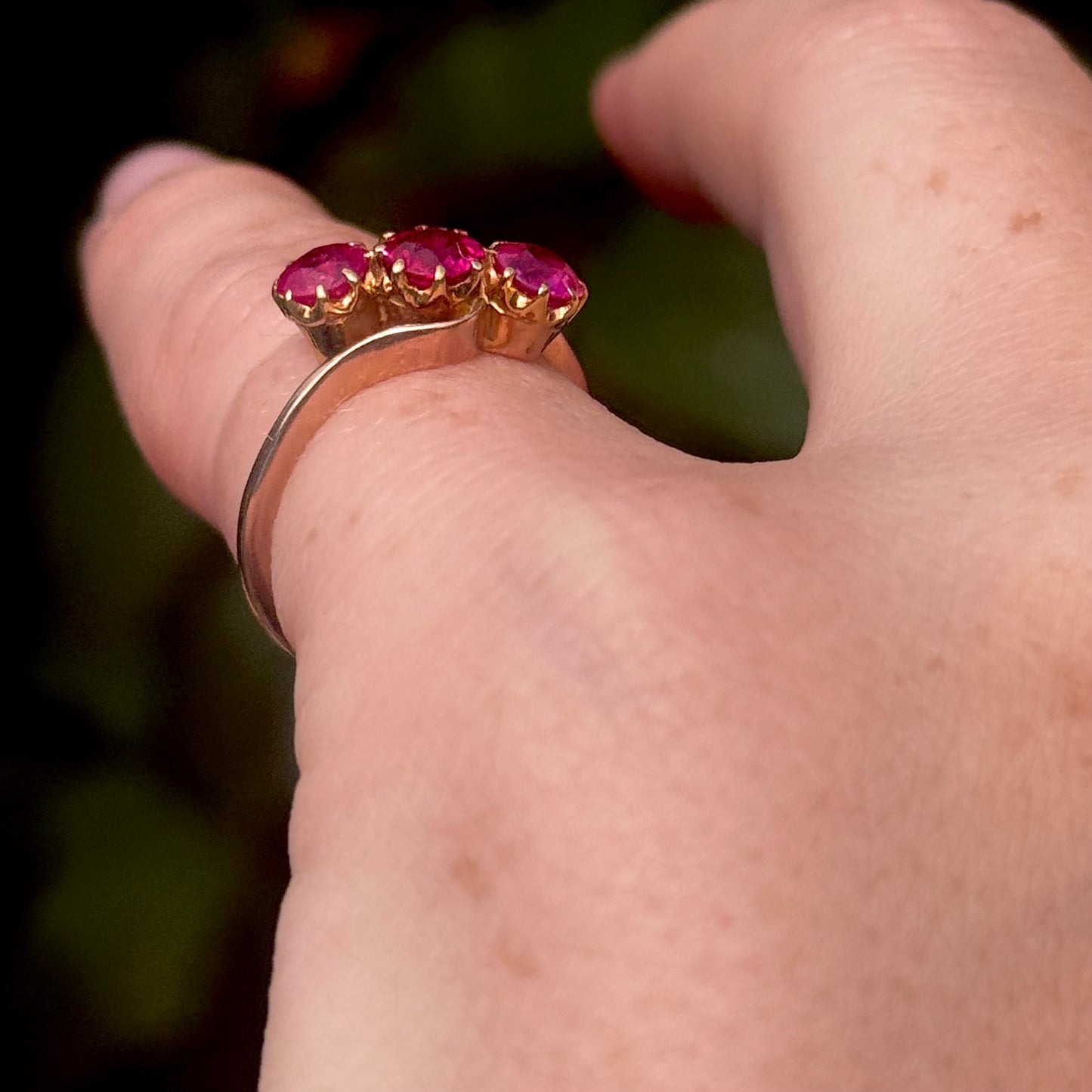 Edwardian Old Cut Ruby Trilogy in 9 Carat Gold; Circa 1910
