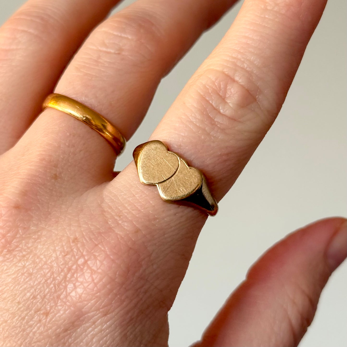 Vintage Double Heart Signet Ring in 9 Carat Gold; Circa 1971