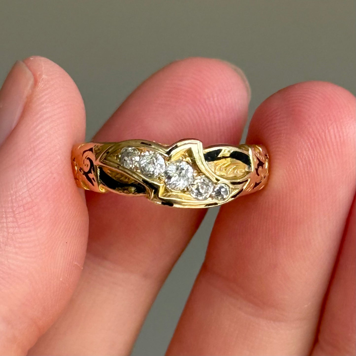 Antique Diamond & Enamel Mourning Ring in 18 Carat Gold; Circa 1879