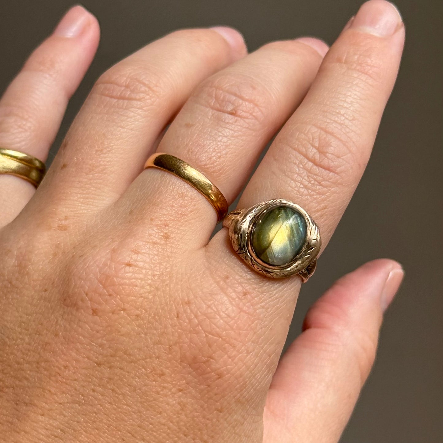 Victorian Laborite Snake Ring in 15 Carat Rose Gold; Circa 1876