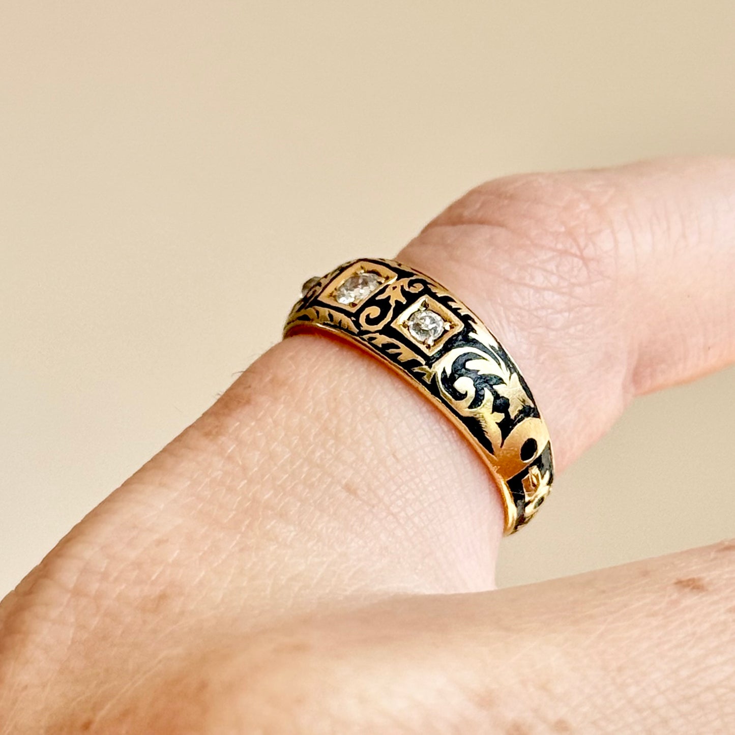 Victorian Enamel & Diamond Ring in 18 Carat Gold; Circa 1896