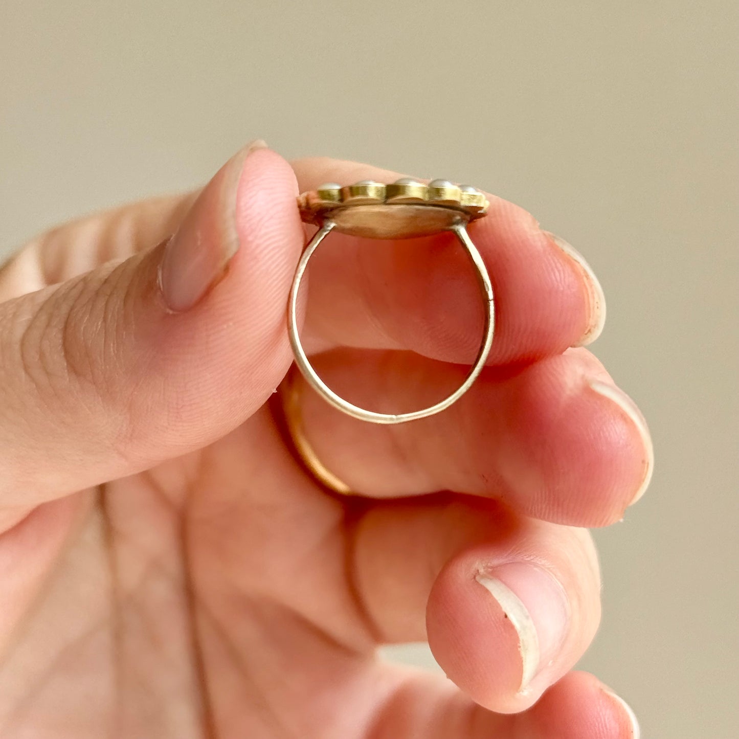 Antique Ruby & Pearl Ring in 9 Carat Gold; Circa 1900