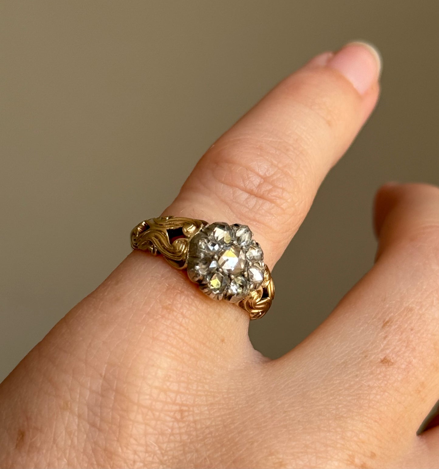 Victorian Rose Cut Diamond Cluster Ring in 15 Carat Gold, Circa 1860