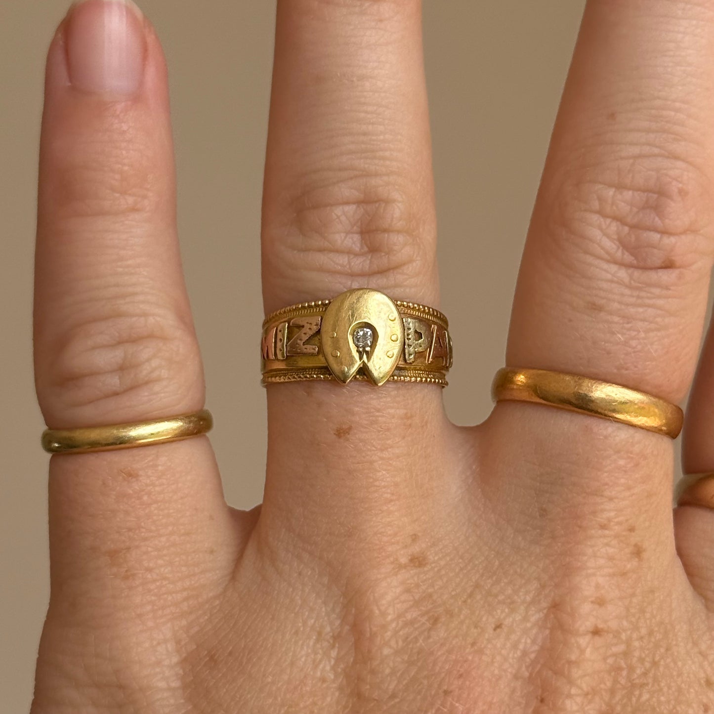 Victorian Diamond Mizpah Ring in 18 Carat Gold; Circa 1886