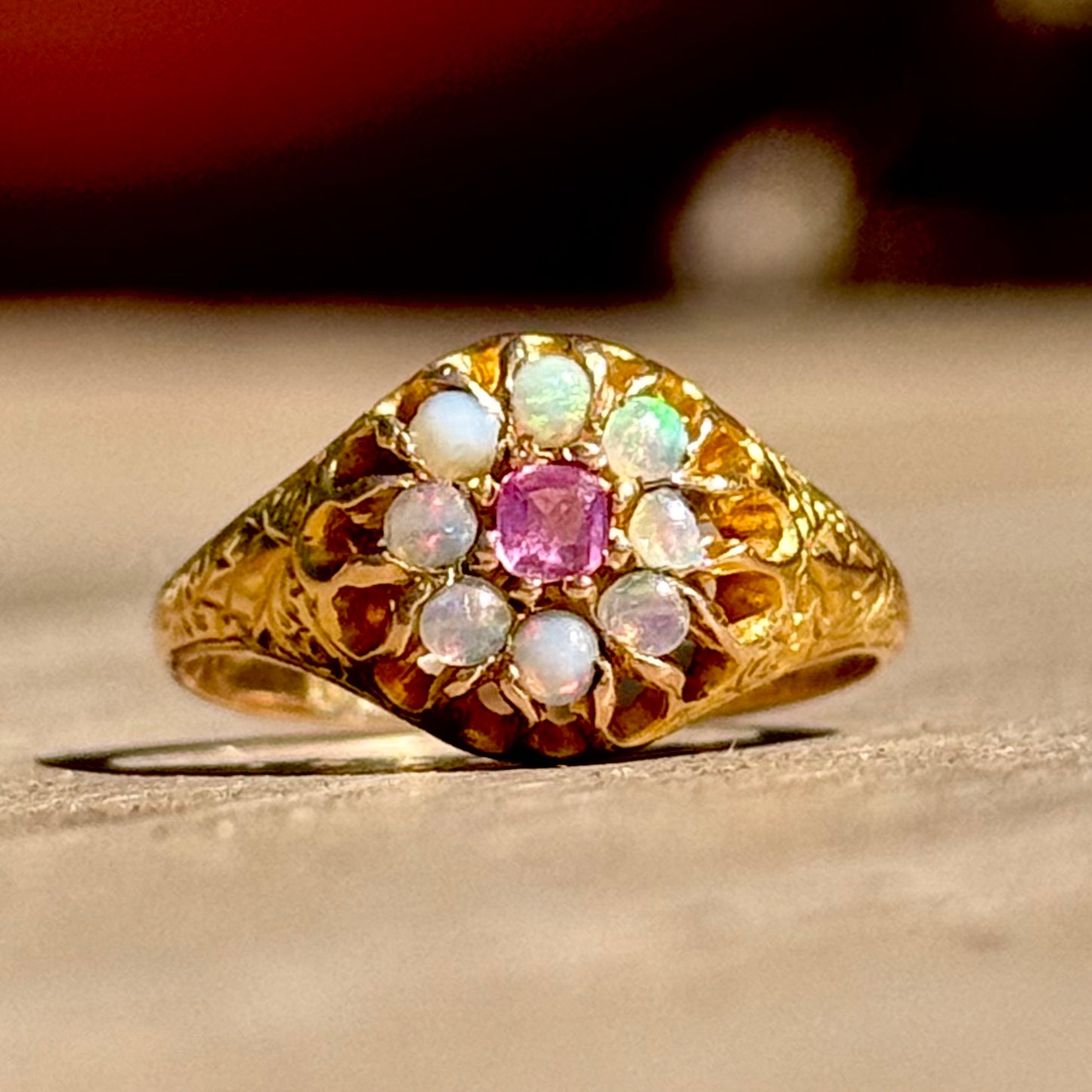 Antique Ruby & Opal Cluster Ring in 15 Carat Gold; Circa 1880