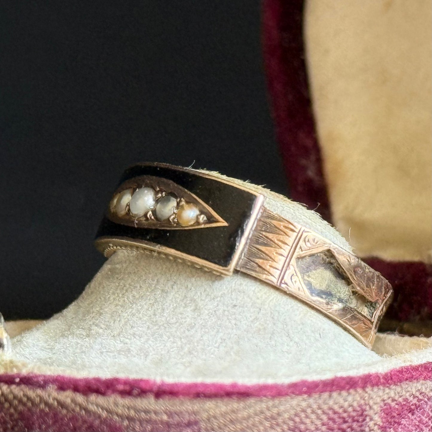 Antique Enamel & Pearl Mourning Ring in 9 Carat Gold; Circa 1906