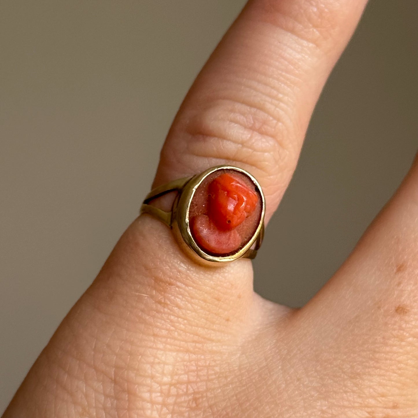 Early Victorian Coral Cameo Ring in 9 Carat Gold; Circa 1830