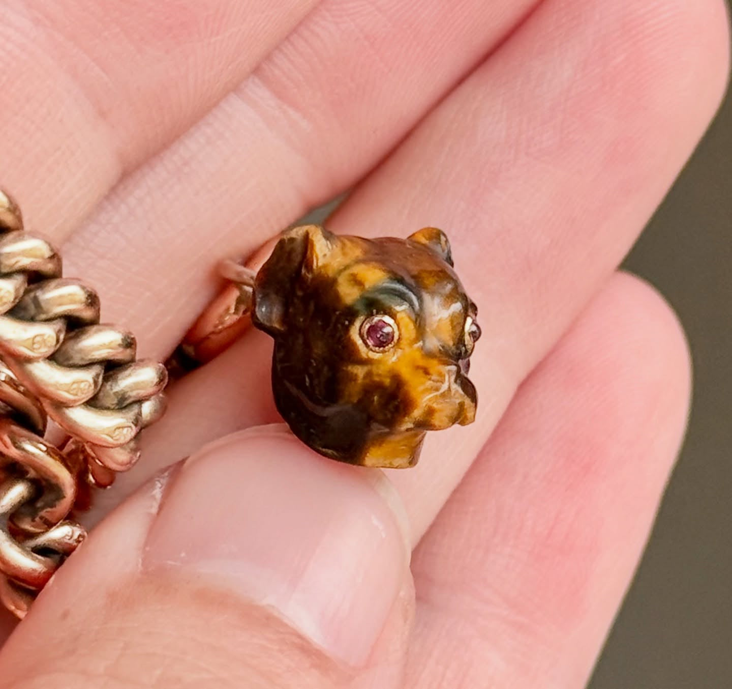 Antique Carved Tiger's Eye Pug Pendant With Ruby Eye's