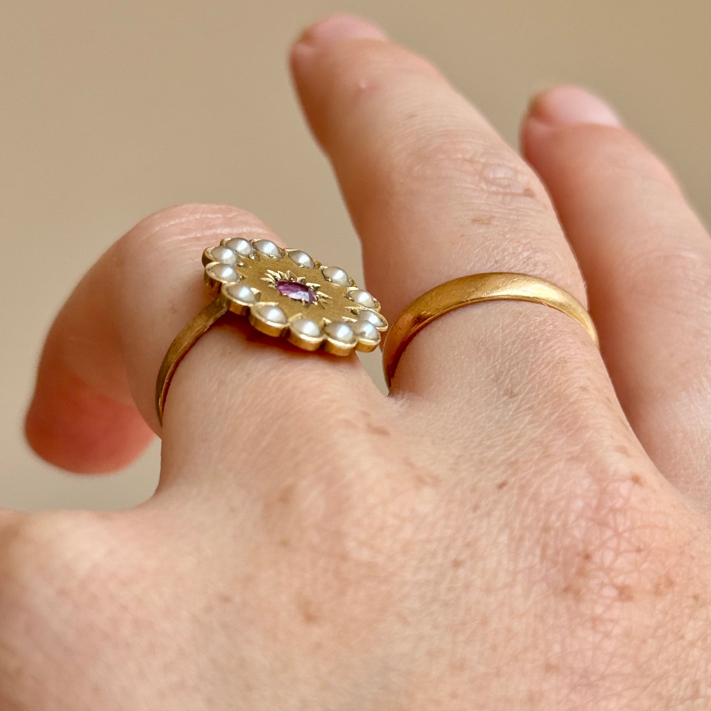 Antique Ruby & Pearl Ring in 9 Carat Gold; Circa 1900