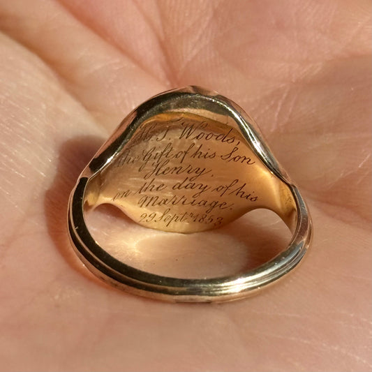 Antique Monogramed 'W' Intaglio Signet ring; Circa 1853