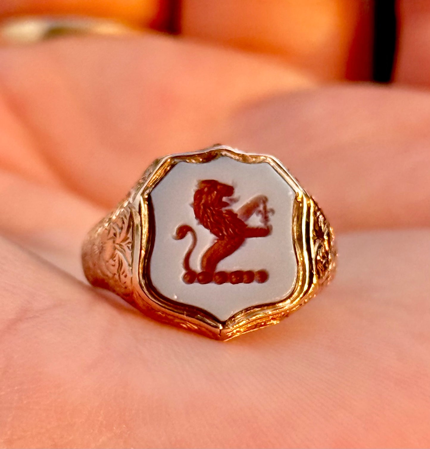 Antique Lion Sardonyx Signet Ring in 9 Carat Rose Gold; Circa 1900