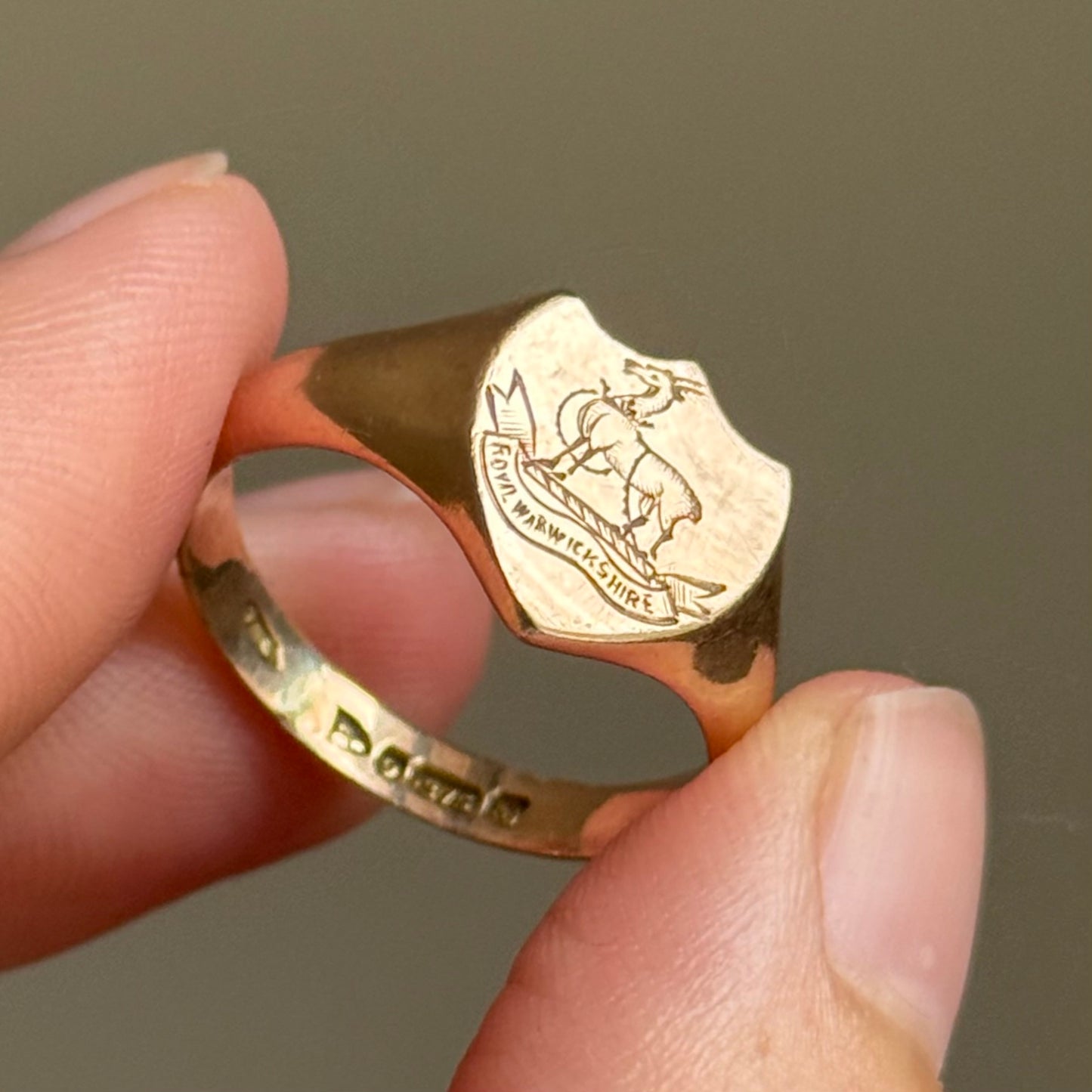 Antique Royal Warwickshire Signet Ring in 9 Carat Rose Gold; Circa 1918