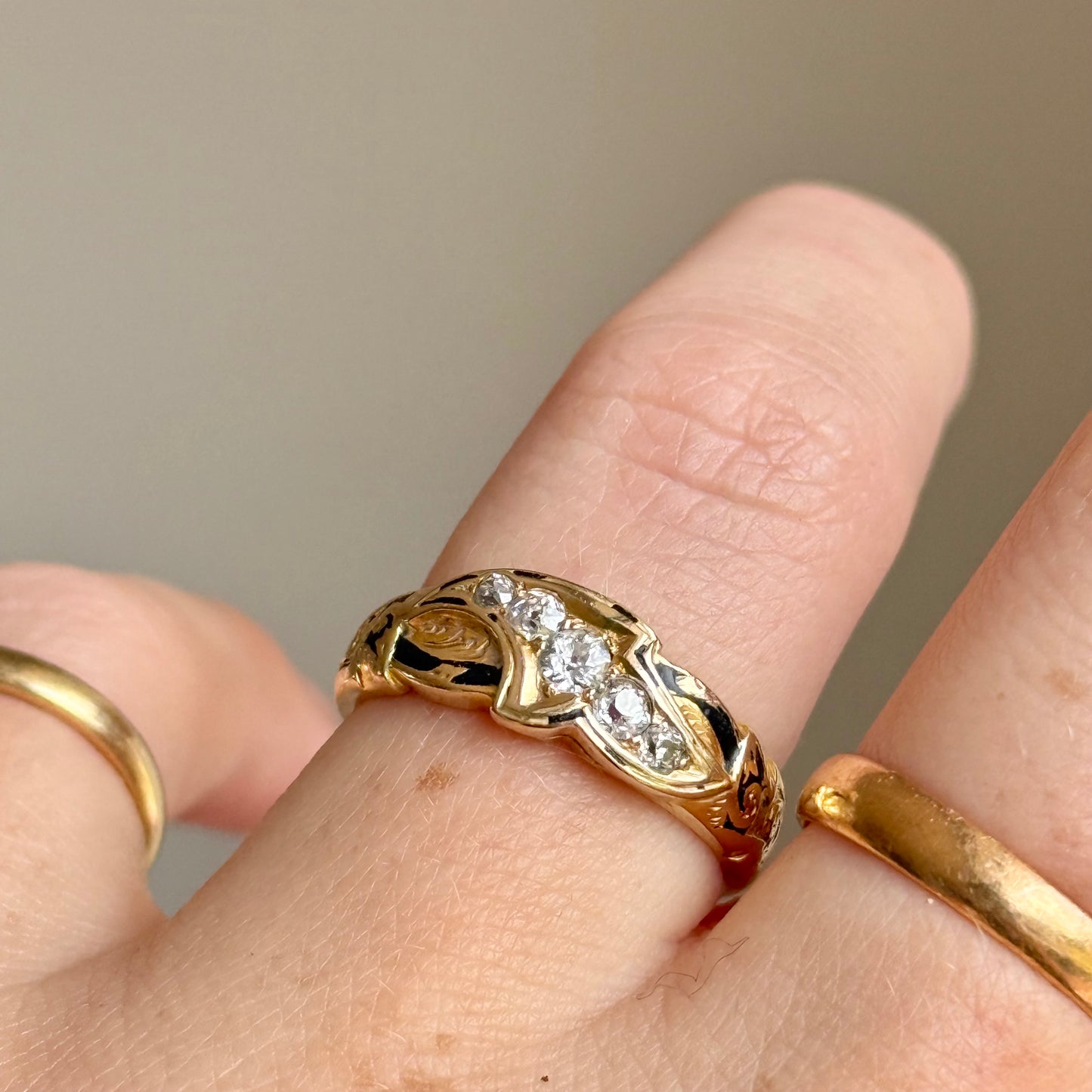 Antique Diamond & Enamel Mourning Ring in 18 Carat Gold; Circa 1879