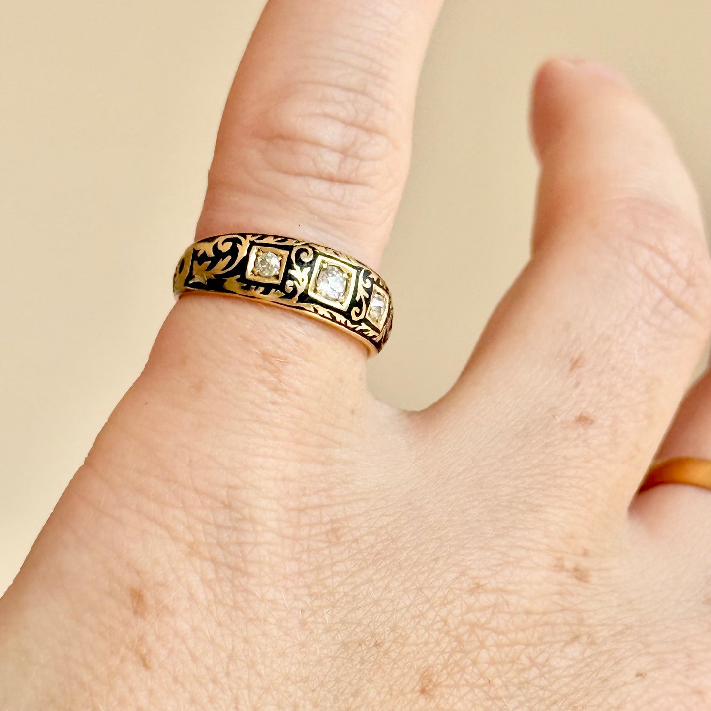 Victorian Enamel & Diamond Ring in 18 Carat Gold; Circa 1896