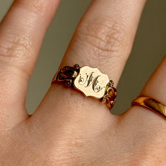 Antique Edwardian Initial 'M' Signet Ring in 9 Carat Gold; Circa 1910