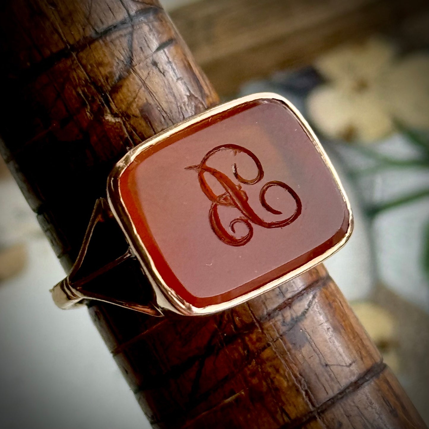 Antique Carnelian 'B' Intaglio Signet Ring in 9 Carat Gold, Circa 1880