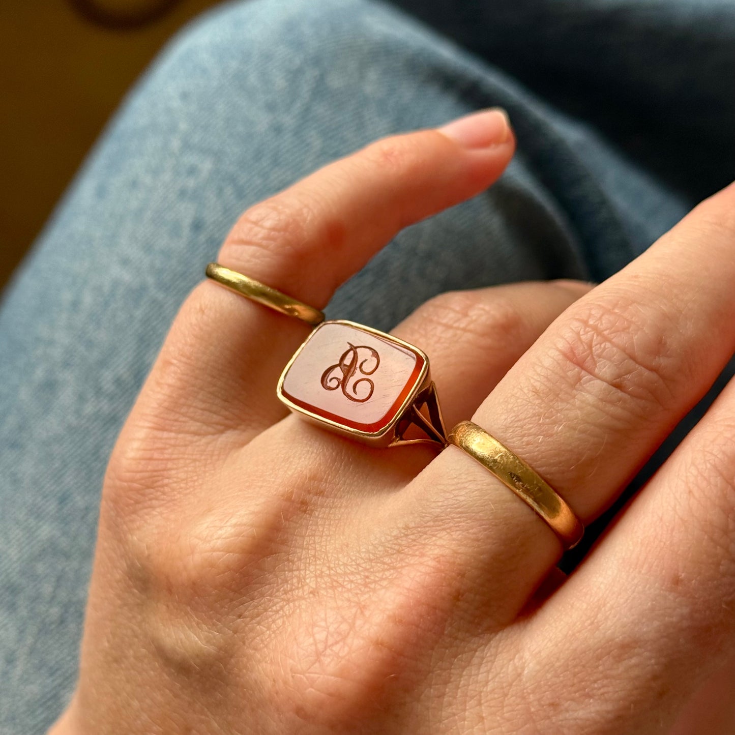 Antique Carnelian 'B' Intaglio Signet Ring in 9 Carat Gold, Circa 1880