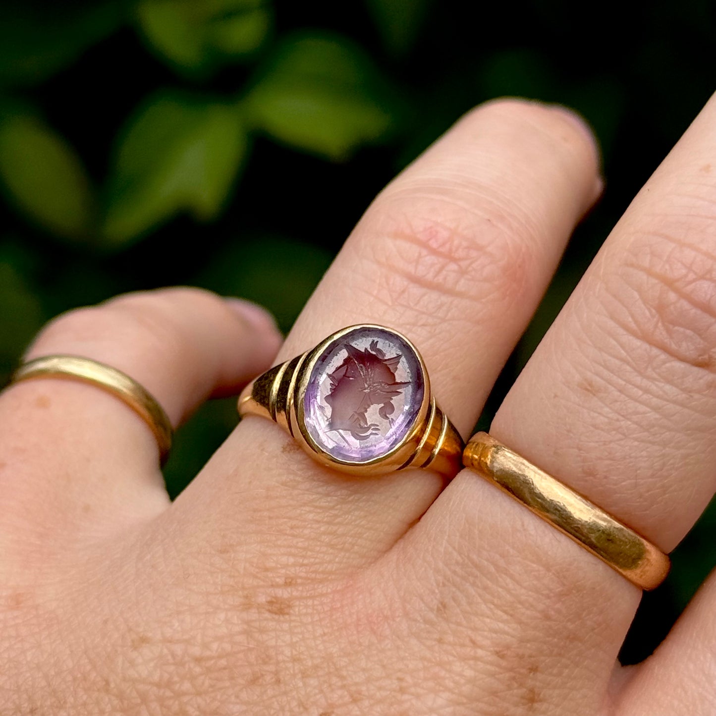 Antique Amethyst Intaglio Ring in 18 Carat Gold; Circa 1900