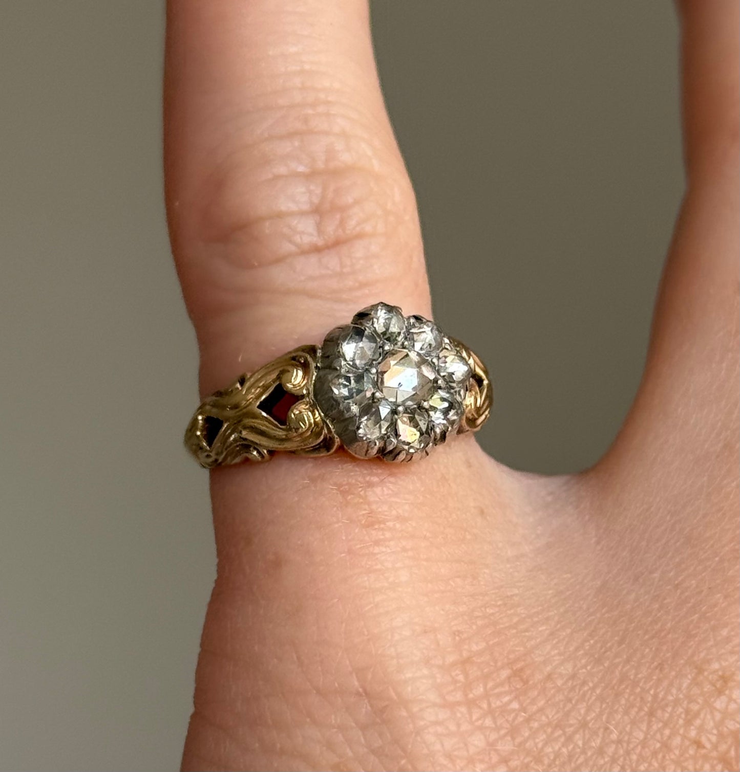 Victorian Rose Cut Diamond Cluster Ring in 15 Carat Gold, Circa 1860