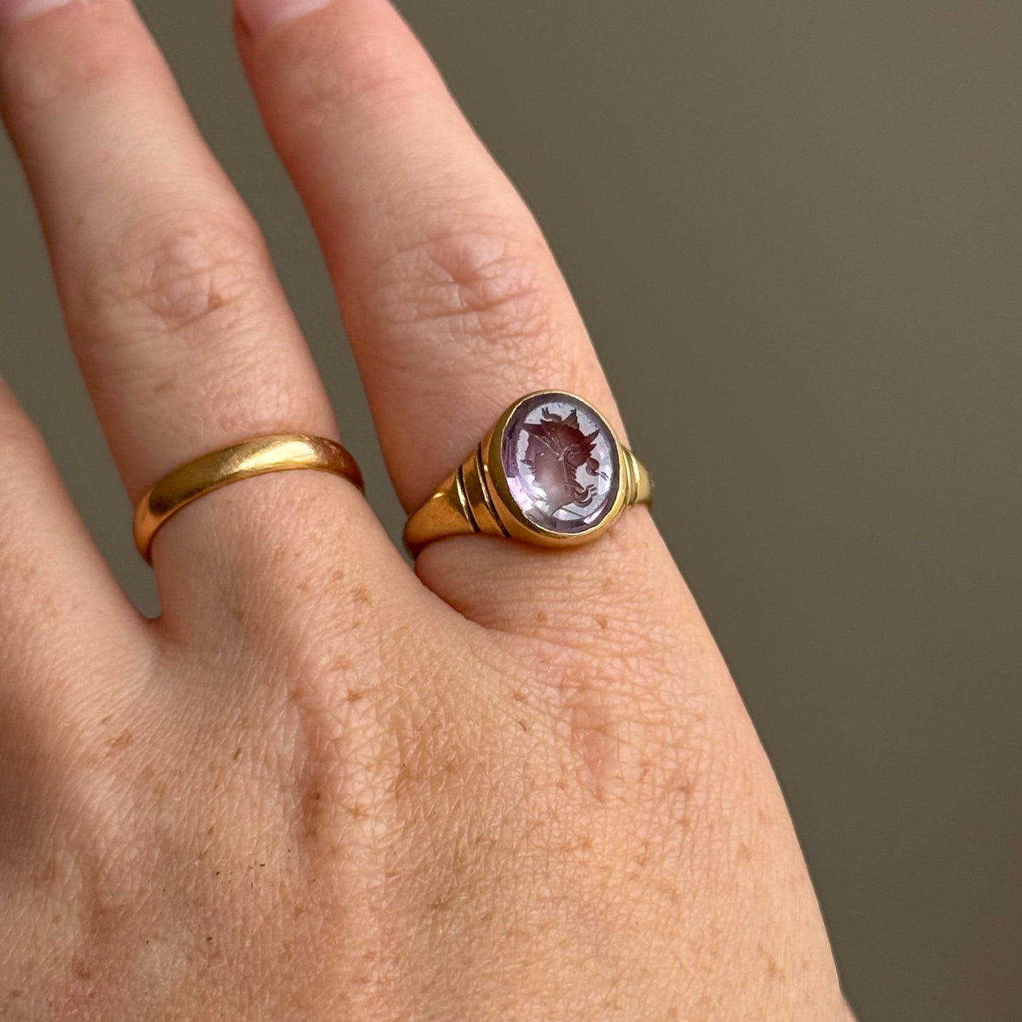 Antique Amethyst Intaglio Ring in 18 Carat Gold; Circa 1900