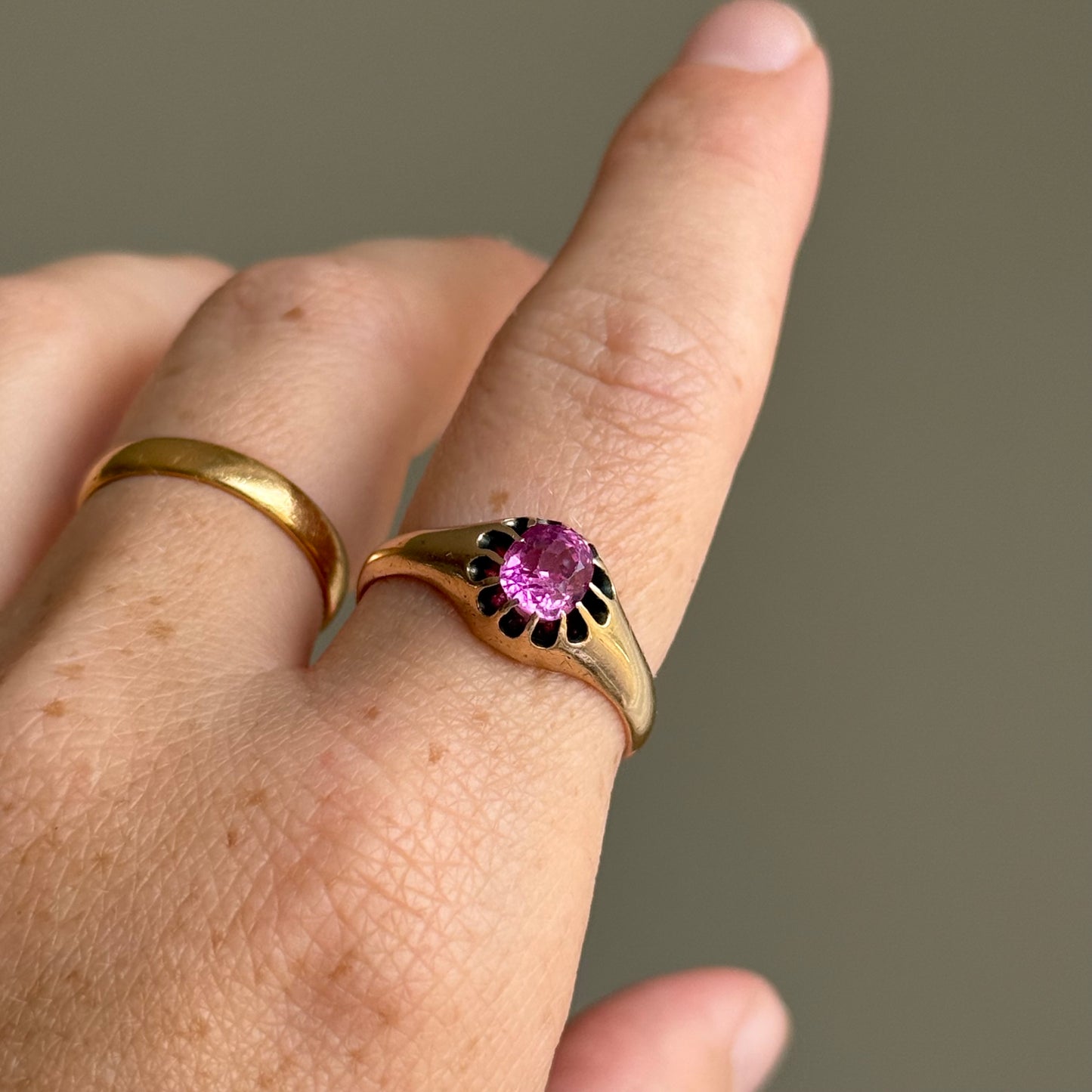 Large Old Cut Pink Sapphire Ring in 9 Carat Rose Gold; Circa 1890