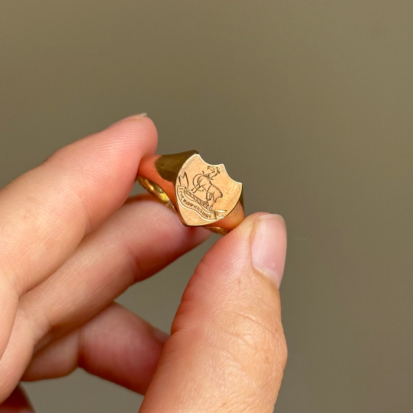 Antique Royal Warwickshire Signet Ring in 9 Carat Rose Gold; Circa 1918