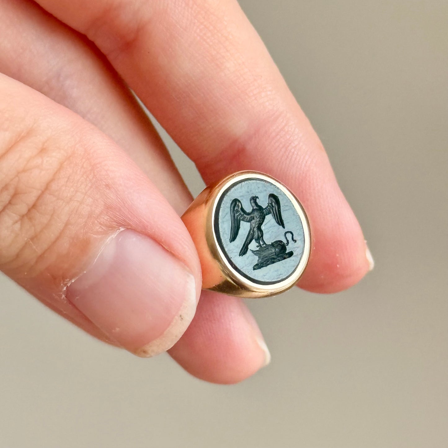 Vintage Bloodstone Intaglio Signet Ring in 9 Carat Gold; Circa 1982