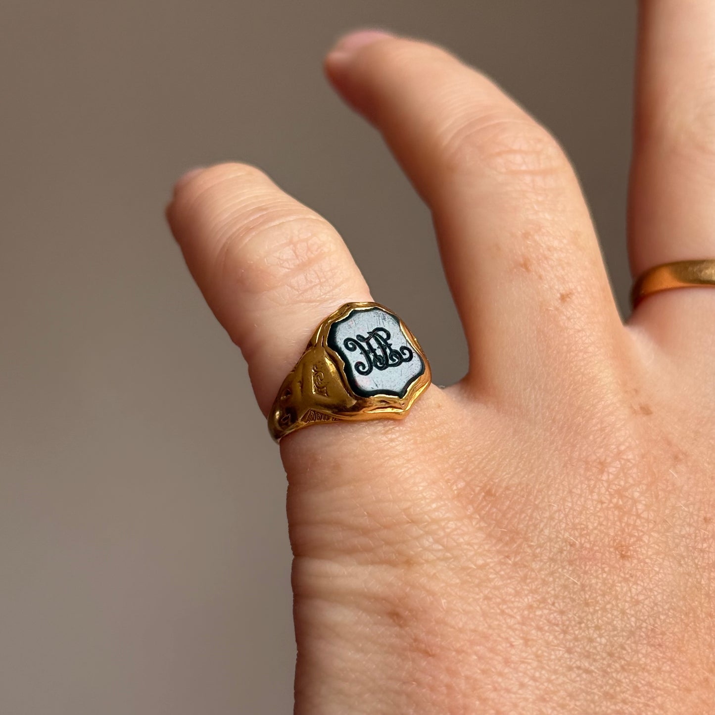 Victorian Bloodstone Intaglio Signet Ring in 18 Carat Gold; Circa 1880