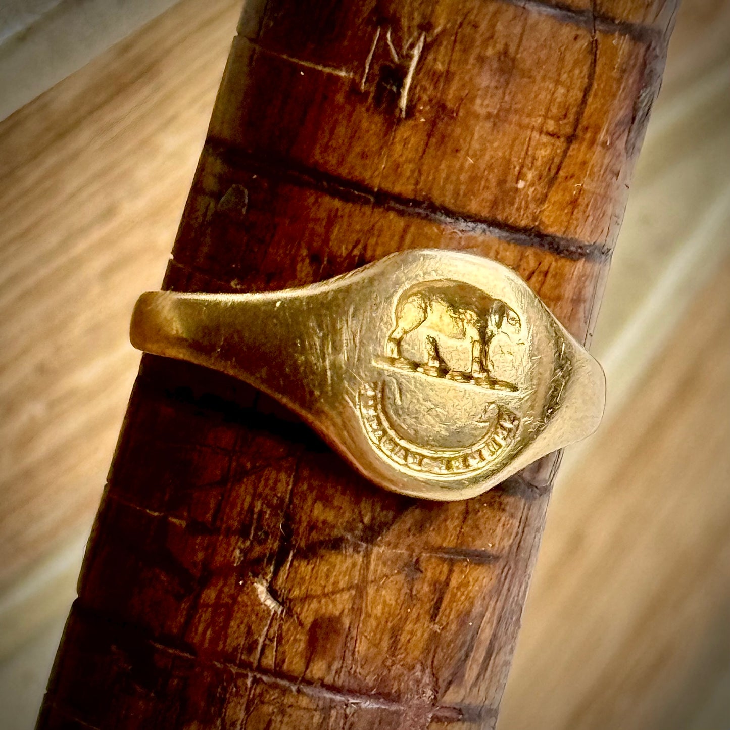 Victorian Elephant SEMPER PARITUS Signet ring in 18 Carat Gold