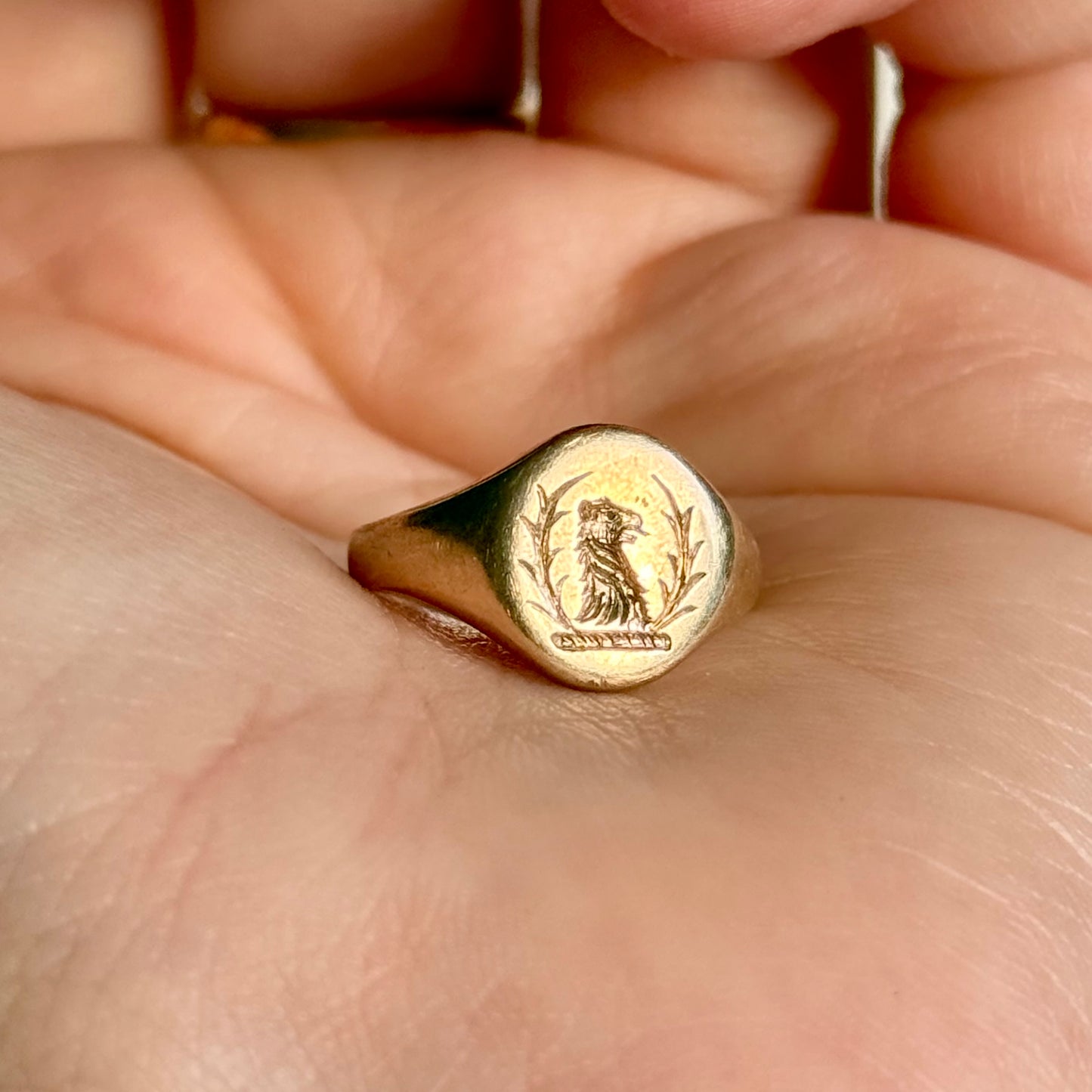 Vintage Lion & Laurel Signet Ring 9 Carat gold