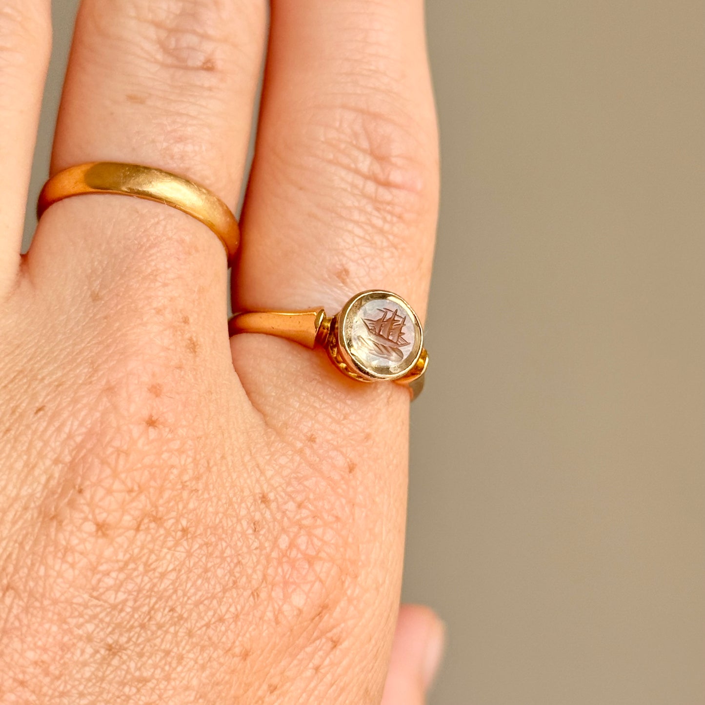 Edwardian Citrine Ship Intaglio Ring in 18 Carat Gold; Circa 1907