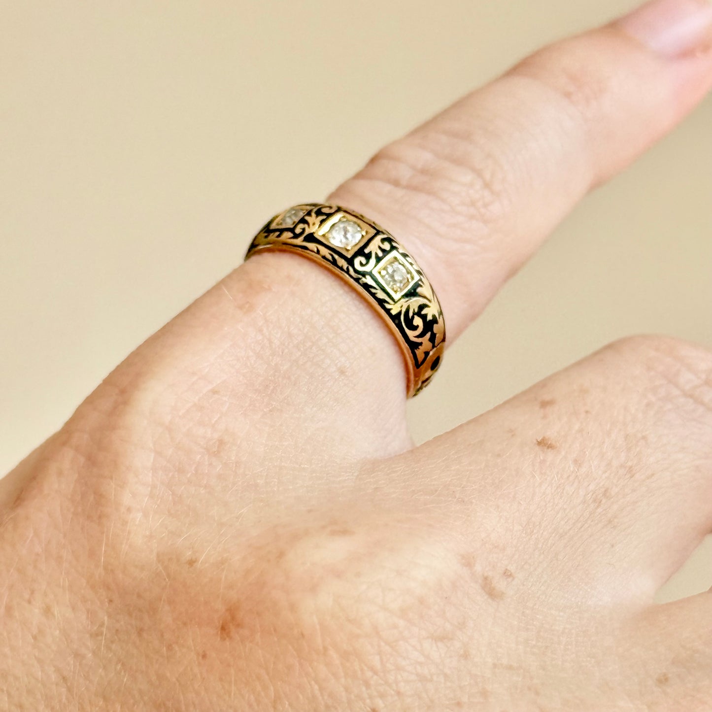 Victorian Enamel & Diamond Ring in 18 Carat Gold; Circa 1896