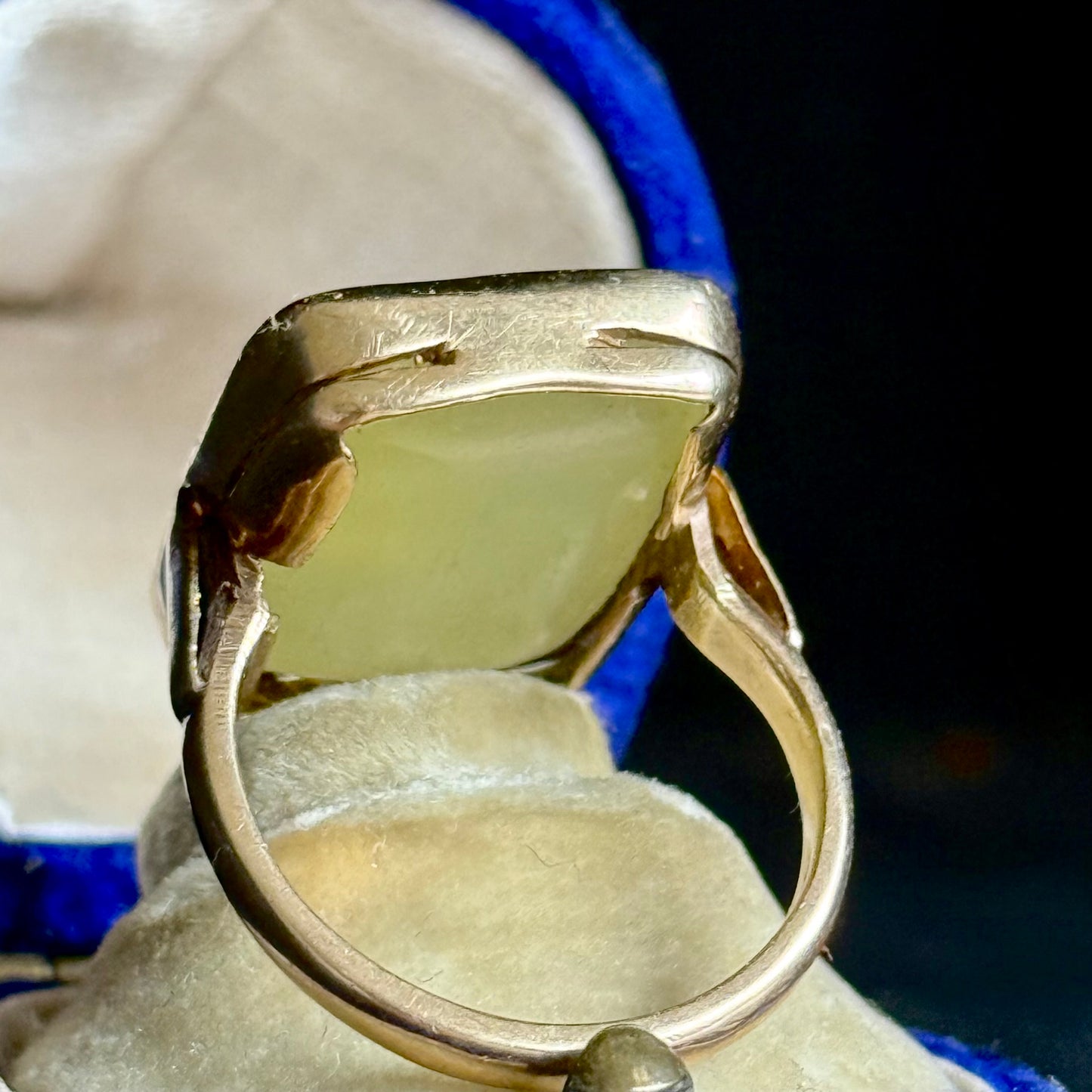 Antique Chrysoprase Intaglio Lion Ring in 9 Carat Gold; Circa 1900