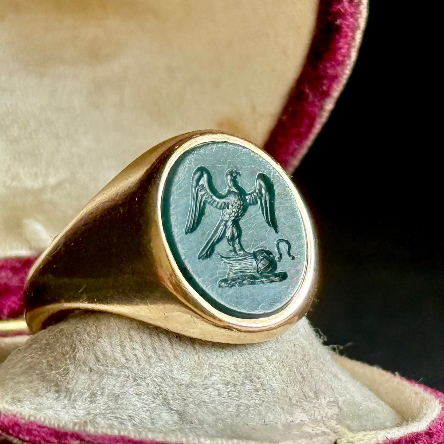 Vintage Bloodstone Intaglio Signet Ring in 9 Carat Gold; Circa 1982