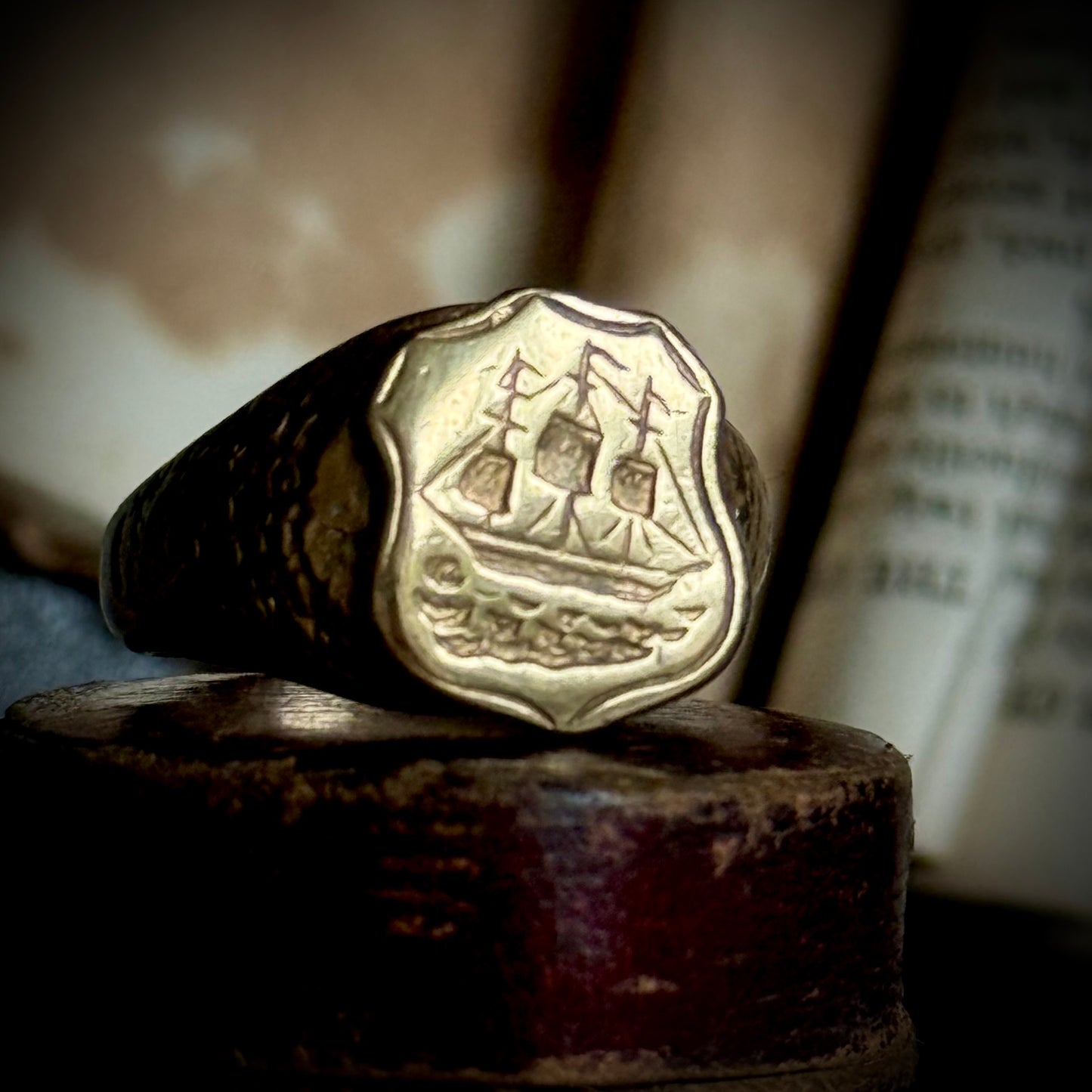 Victorian Heavy Nautical Ship Intaglio Signet ring; Circa 1880